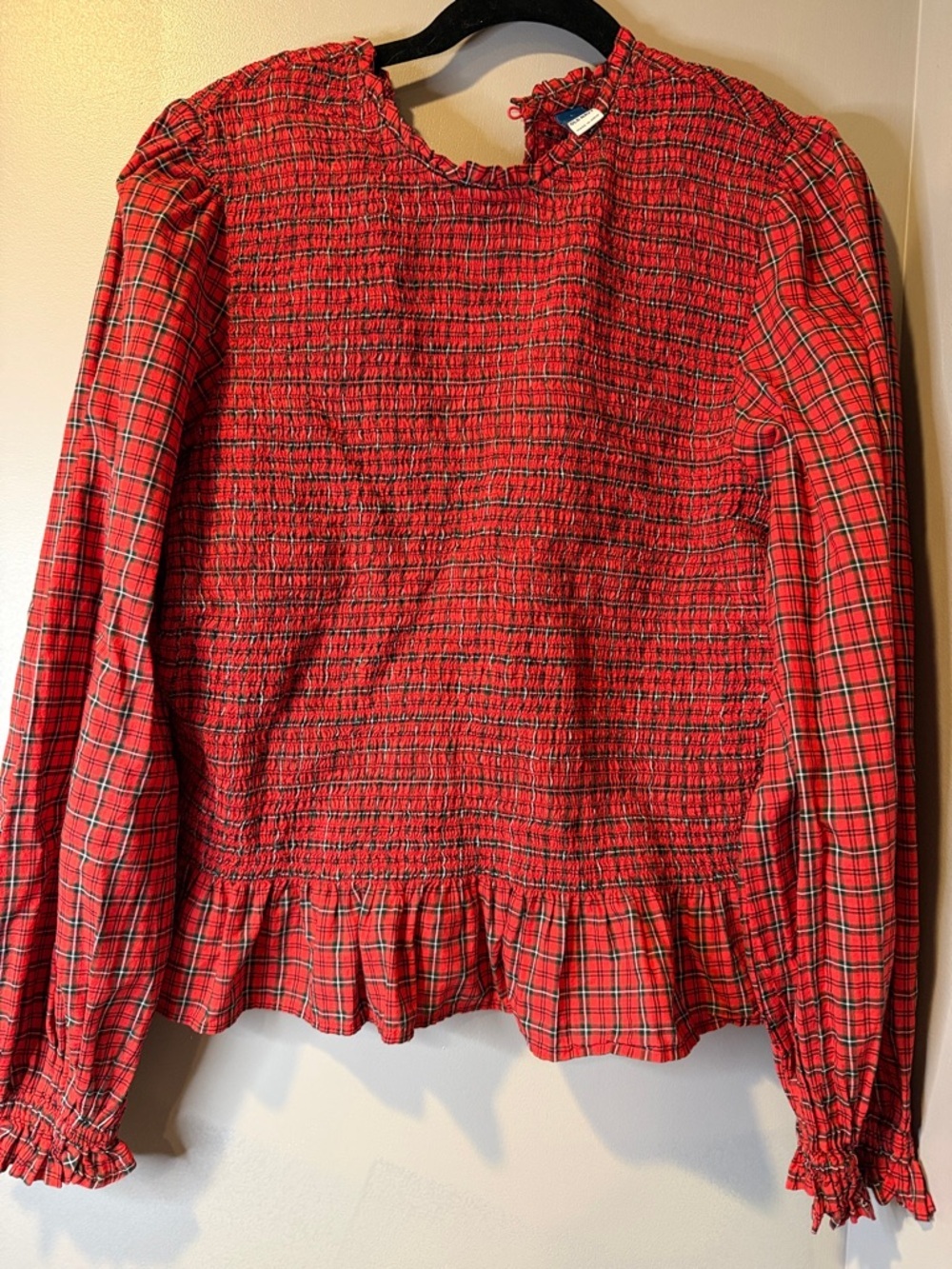 Old Navy 100% cotton Red Plaid Smocked Peplum Long-Sleeve Top